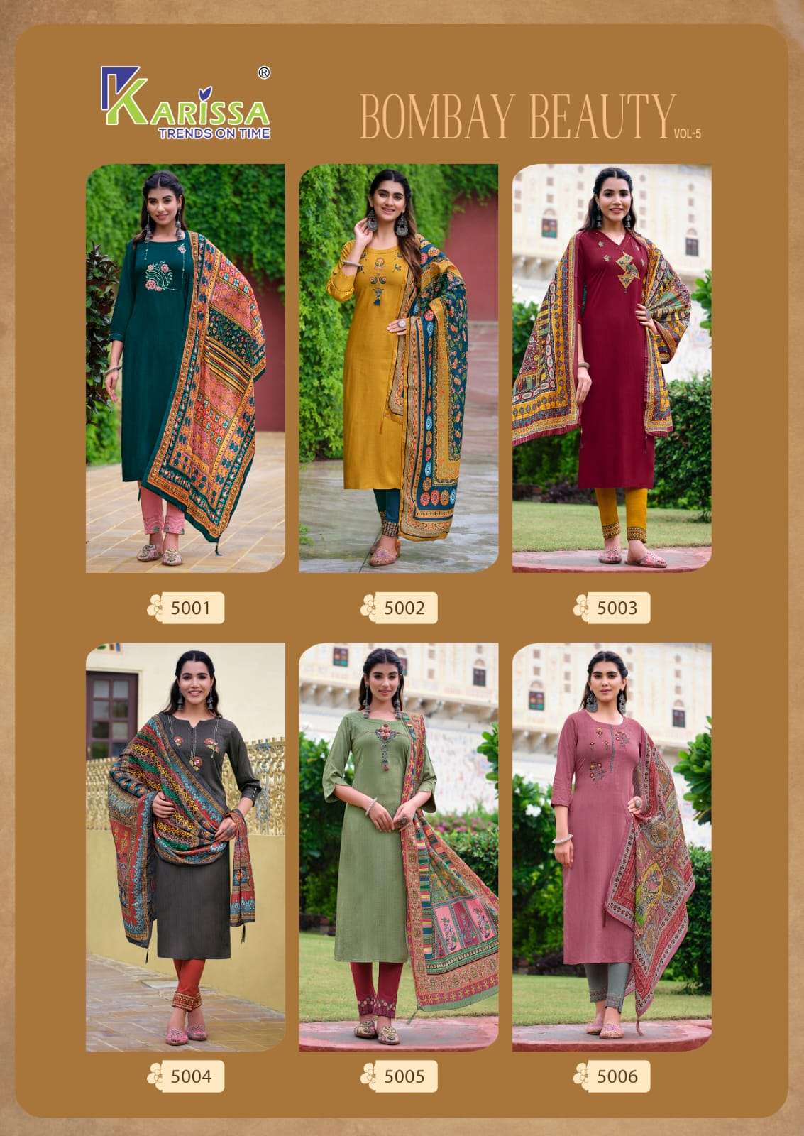 BOMBAY BEAUTY VOL 5 LIVA TAG VISCOSE RAYON  WEAVING THREAD AND HANDWORK KURTI WITH PANT AND MASLIN SEQUENCE WITH DIGITAL PRINT DUPATTA Y KARISSA BRAND INDEX